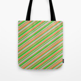 [ Thumbnail: Coral, Lime Green, and Grey Colored Striped Pattern Tote Bag ]