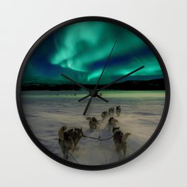 Winter Northern Lights Dog Sled (Color) Wall Clock