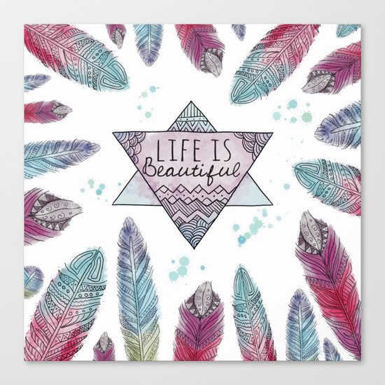 Life is beautiful (watercolor boho feathers) Canvas Print