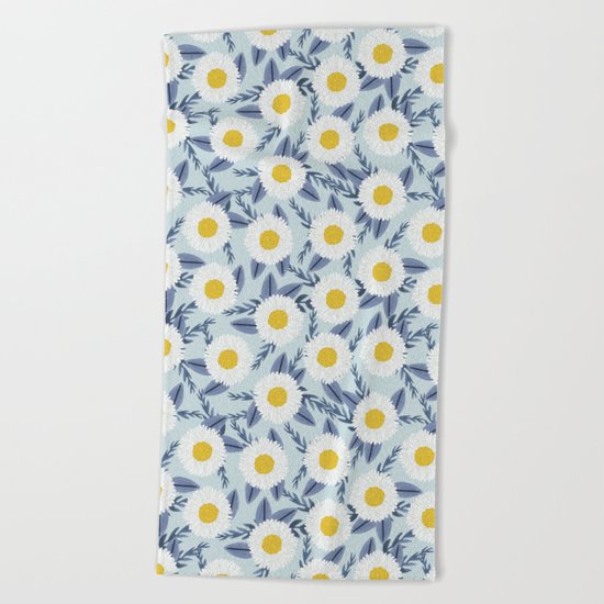 daisy flower white blue navy gold watercolor painting bohemian gardener gift unique floral pattern Beach Towel