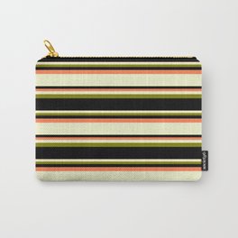 [ Thumbnail: Coral, Light Yellow, Green, and Black Colored Lined/Striped Pattern Carry-All Pouch ]
