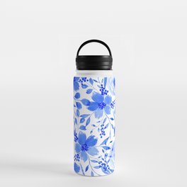 Blue and White Watercolor Florals Water Bottle