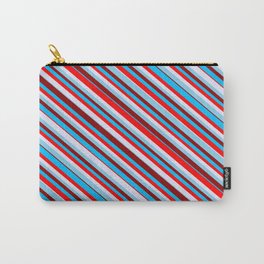 [ Thumbnail: Eyecatching Sky Blue, Dark Red, Deep Sky Blue, Red & Lavender Colored Lines/Stripes Pattern Carry-All Pouch ]