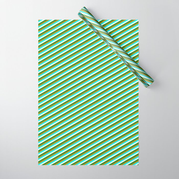 Dark Goldenrod, Cyan, Mint Cream & Forest Green Colored Stripes/Lines Pattern Wrapping Paper