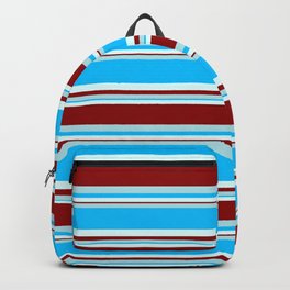 [ Thumbnail: Powder Blue, Deep Sky Blue, Light Cyan & Dark Red Colored Stripes Pattern Backpack ]