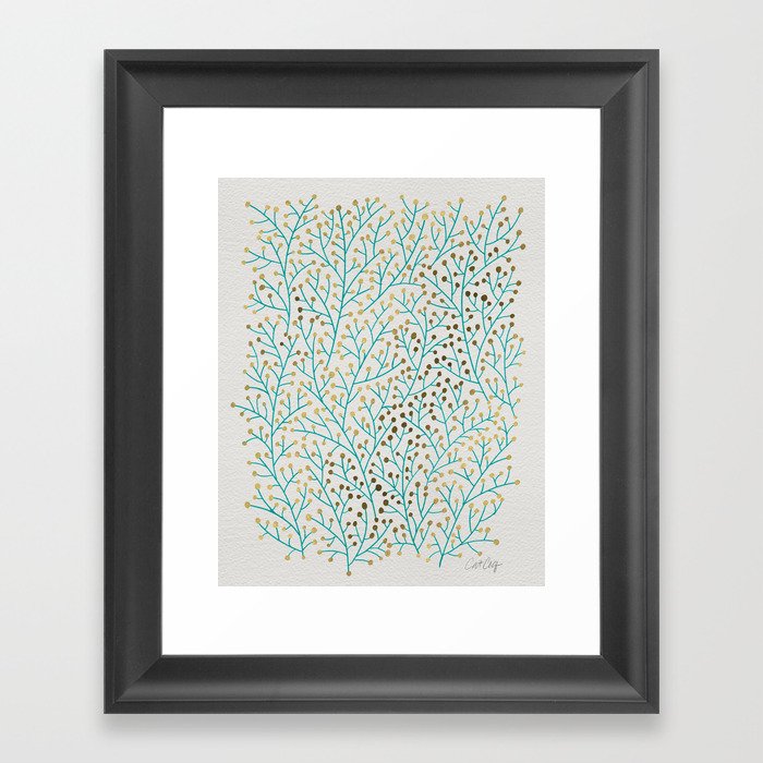 Berry Branches – Turquoise & Gold Framed Art Print