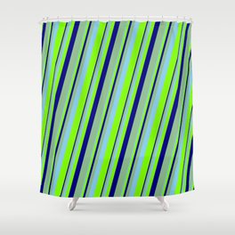 [ Thumbnail: Sky Blue, Chartreuse, Blue & Dark Sea Green Colored Lines Pattern Shower Curtain ]