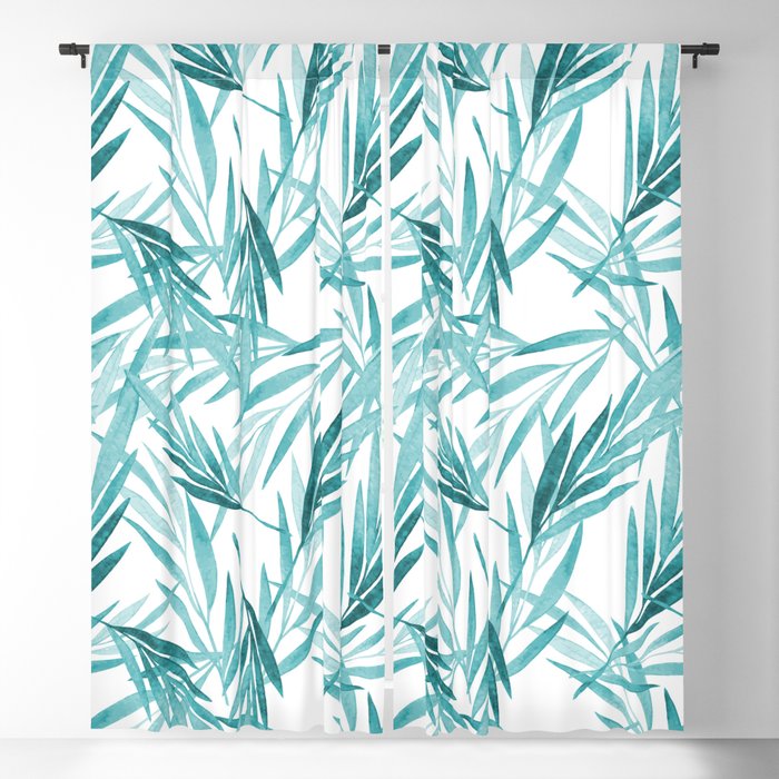 Aqua Teal Turquoise Watercolor Botanical Palm Leaves Pattern - Aquarium SW 6767 Blackout Curtain