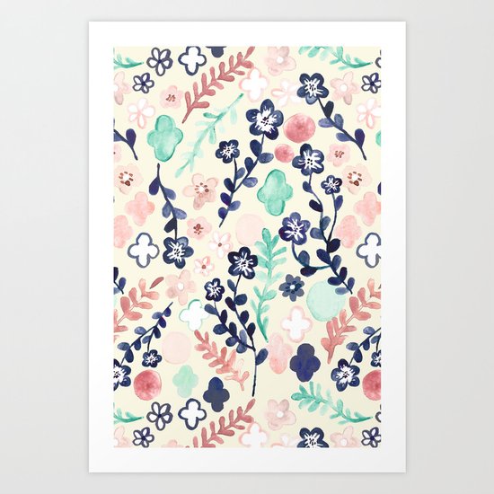 Scattered Floral in Navy, Teal & Pink Art Print
