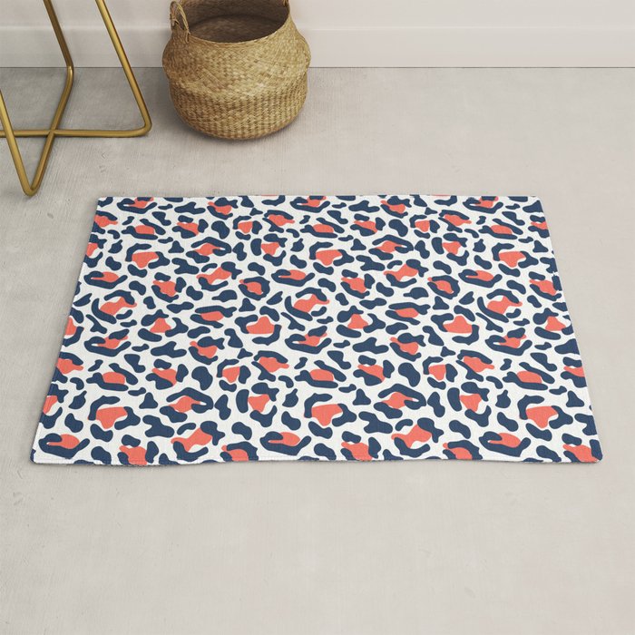 Abstract Leopard Print in Coral and Navy Blue Rug by 19Monkeys Society6