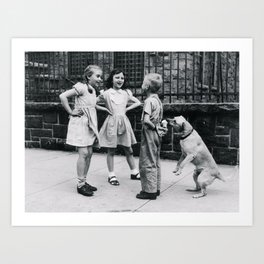Boys ain't the brightest bulbs in the pack; unsuspecting boy flirting with girls gets his ice cream eaten by smart canine dog funny humorous black and white vintage photograph - photography - photographs Art Print