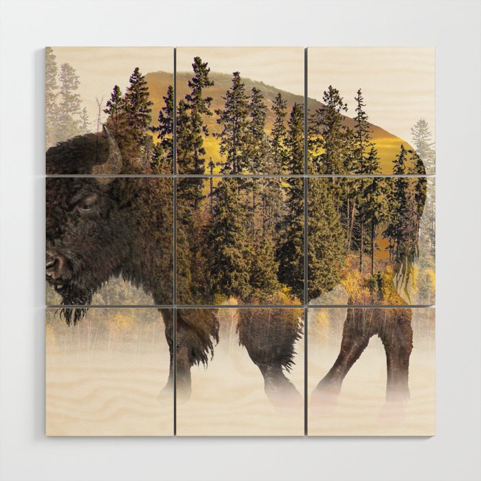 American Buffalo Bison with Forest Wood Wall Art