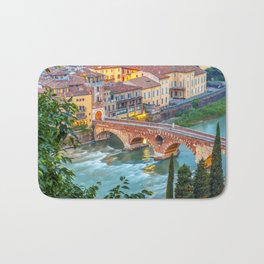 Panoramic view of Ponte Pietra, Verona and its Roman Architecture - A classic present for travel addicted that loves Italy, its architecture, and the city of Romeo and Juliet Bath Mat | Skyline, Holiday, Flag, Red, Travel, Europe, City, Classic, Building, Italian 