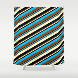 [ Thumbnail: Deep Sky Blue, Brown, Light Yellow & Black Colored Lines Pattern Shower Curtain ]
