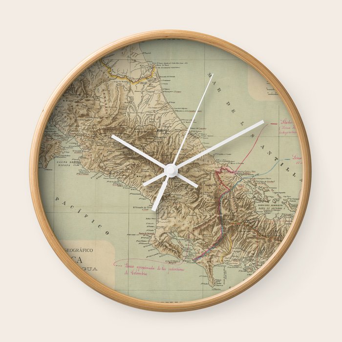Vintage Map of Costa Rica (1896) Wall Clock by BravuraMedia Society6