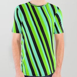 [ Thumbnail: Aquamarine, Green & Black Colored Lines/Stripes Pattern All Over Graphic Tee ]