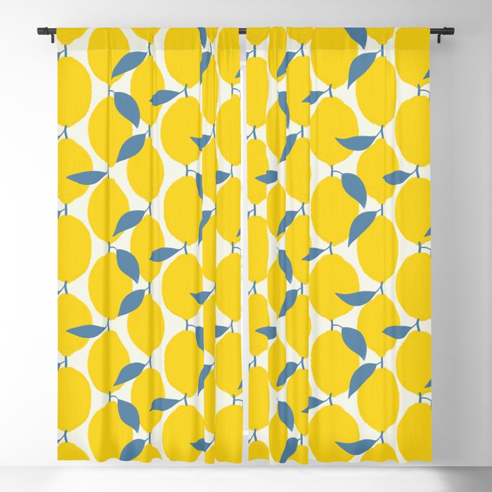 Blue Abstract Lemons Vintage Lemon Illustration Pattern Blackout Curtain
