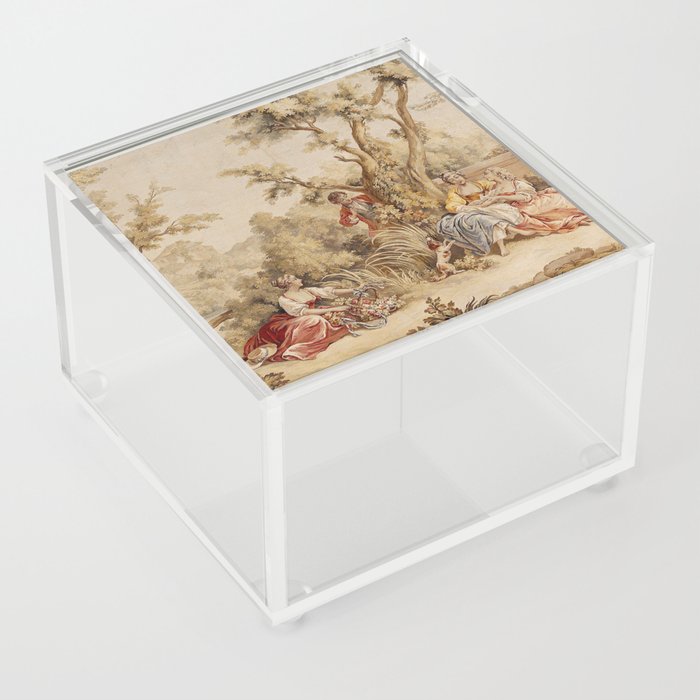 Antique 18th Century Romantic Pastoral Scene French Aubusson Tapestry Acrylic Box