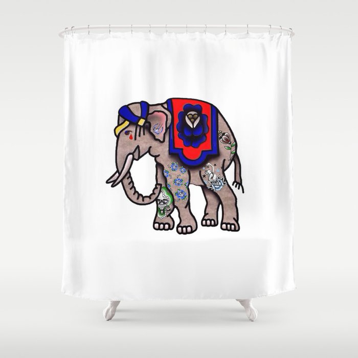Traditionally Tattooed Elephant Shower Curtain By Bluerosedesigns