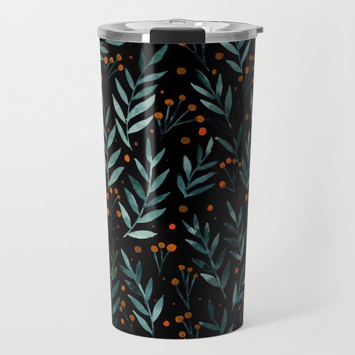 Festive watercolor branches - black, teal and orange Travel Mug