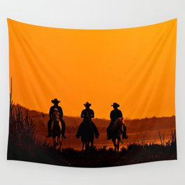 Wild West sunset - Cowboy Men horse riding at sunset Vintage west vintage illustration Wall Tapestry