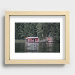 Red Cottage next to Calm Water Lake Finland Recessed Framed Print