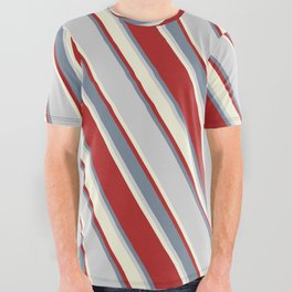 [ Thumbnail: Red, Light Slate Gray, Light Grey & Beige Colored Pattern of Stripes All Over Graphic Tee ]