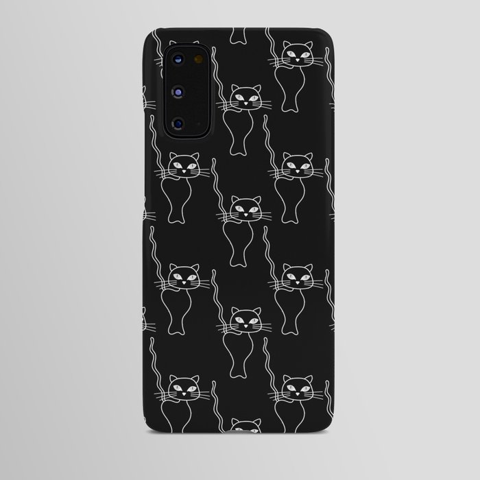 White line art cat pattern on black  Android Case