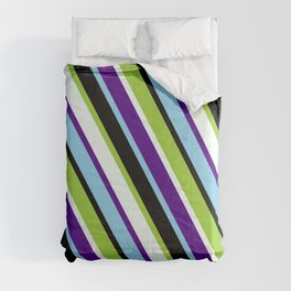 [ Thumbnail: Colorful Green, Mint Cream, Indigo, Sky Blue & Black Colored Lines/Stripes Pattern Comforter ]