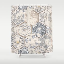 Seamless vintage pattern with an effect of attrition. Patchwork tiles. Hand drawn seamless abstract pattern from tiles. Azulejos tiles patchwork. Portuguese and Spain decor. Hexagon pattern Shower Curtain | Pattern, Texture, Handdrawn, Old, Moroccan, Background, Tile, Abstract, Hexagon, Floral 