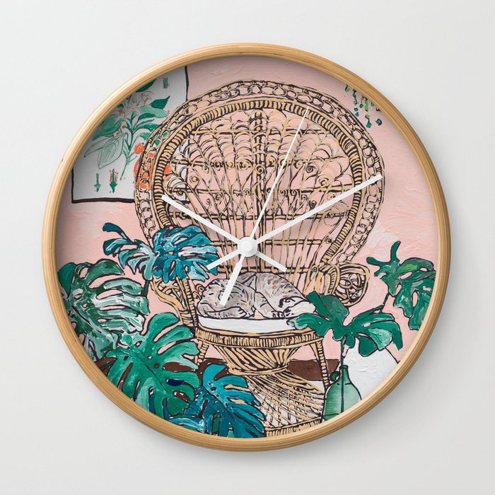 Napping Tabby Cat in Cane Peacock Chair in Tropical Jungle Room Wall Clock