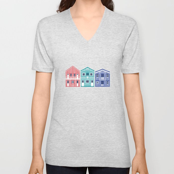 Colourful Portuguese houses // peacock teal background rob roy yellow mandy red electric blue and peacock teal Costa Nova inspired houses V Neck T Shirt