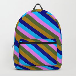 [ Thumbnail: Dark Olive Green, Dark Goldenrod, Dark Blue, Deep Sky Blue, and Violet Colored Striped Pattern Backpack ]