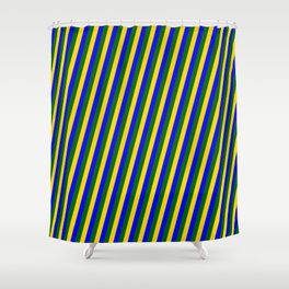 [ Thumbnail: Yellow, Blue & Dark Green Colored Lines Pattern Shower Curtain ]
