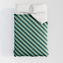 [ Thumbnail: Dark Turquoise, Pale Goldenrod, Dark Slate Gray, and Black Colored Lines Pattern Comforter ]