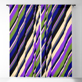 [ Thumbnail: Colorful Black, Beige, Purple, Green, and Blue Colored Pattern of Stripes Blackout Curtain ]