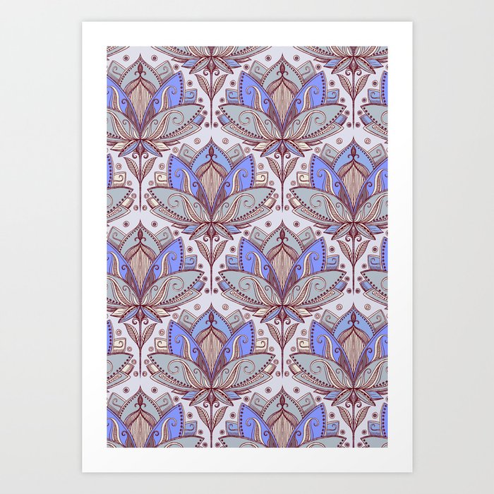 Art Deco Lotus Rising 2 - sage grey & purple pattern Art Print