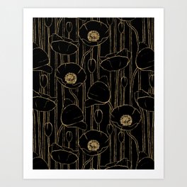 Poppies Field, Black and Gold Poppy Art Print
