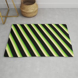 [ Thumbnail: Green, Pale Goldenrod, Black, and Forest Green Colored Pattern of Stripes Rug ]