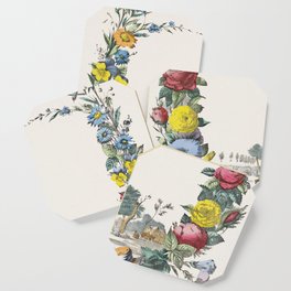 Letter with flower wreath and landscape with farm and animals (1829–1880) Coaster
