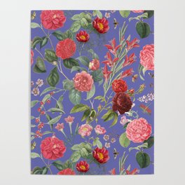 Veri Peri Rose Garden - Vintage botanical illustration collage at Periwinkle blue color Poster