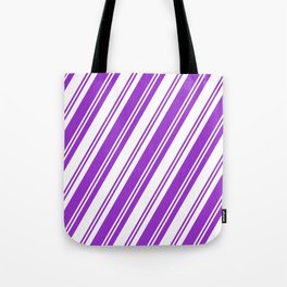 [ Thumbnail: Dark Orchid & White Colored Lined/Striped Pattern Tote Bag ]
