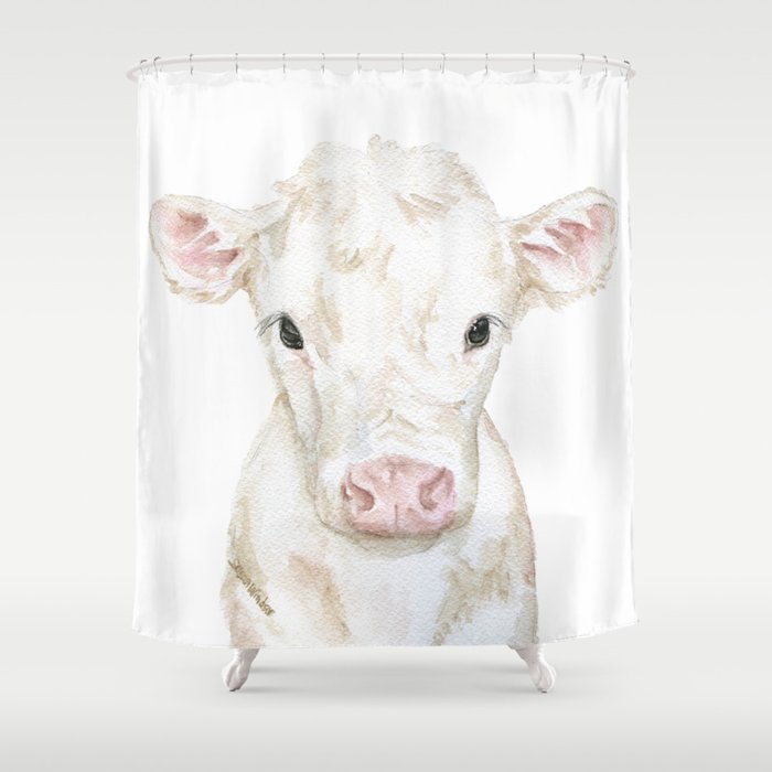 Baby White Cow Calf Watercolor Farm Animal Shower Curtain By Baby White Cow Calf Watercolor Farm Animal Shower Curtain