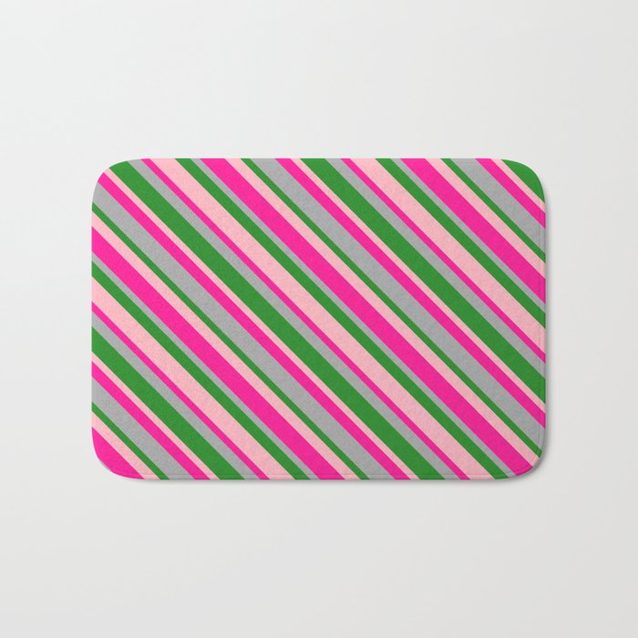 Deep Pink, Dark Gray, Forest Green, and Light Pink Colored Lines/Stripes Pattern Bath Mat