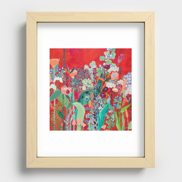 Red floral Jungle Garden Botanical featuring Proteas, Reeds, Eucalyptus, Ferns and Birds of Paradise Recessed Framed Print