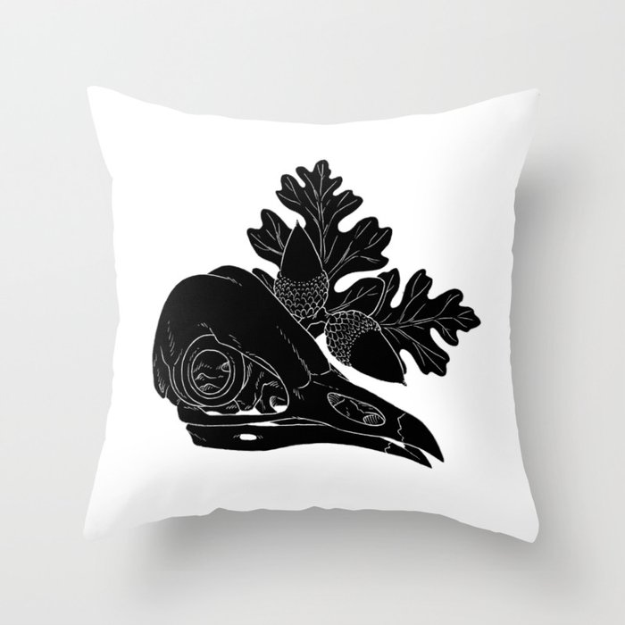 Barn Owl Skull with Valley Oak Leaves Throw Pillow