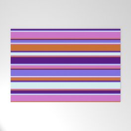 [ Thumbnail: Colorful Chocolate, Indigo, Medium Slate Blue, Light Cyan, and Orchid Colored Stripes Pattern Welcome Mat ]