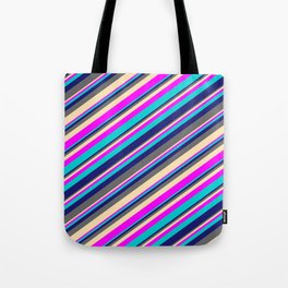 [ Thumbnail: Midnight Blue, Dim Gray, Beige, Fuchsia, and Dark Turquoise Colored Lines/Stripes Pattern Tote Bag ]