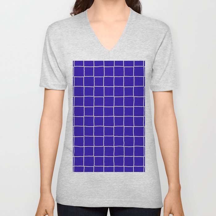Bold Navy Blue Checkered Tiles V Neck T Shirt
