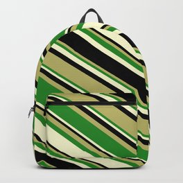 [ Thumbnail: Dark Khaki, Forest Green, Light Yellow, and Black Colored Pattern of Stripes Backpack ]